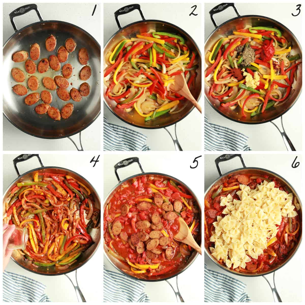 Six process photos showing the sausage being browned, sautéing the onions and peppers, adding sauce and pasta. 