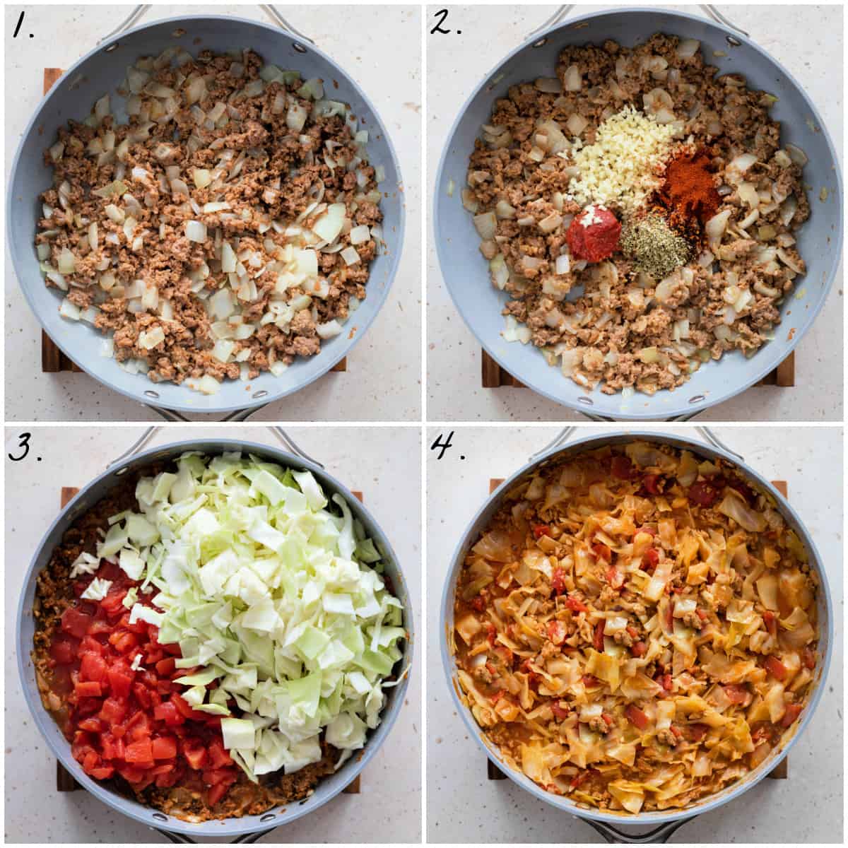 Four process photos showing how to prepare the filling in a pan. 