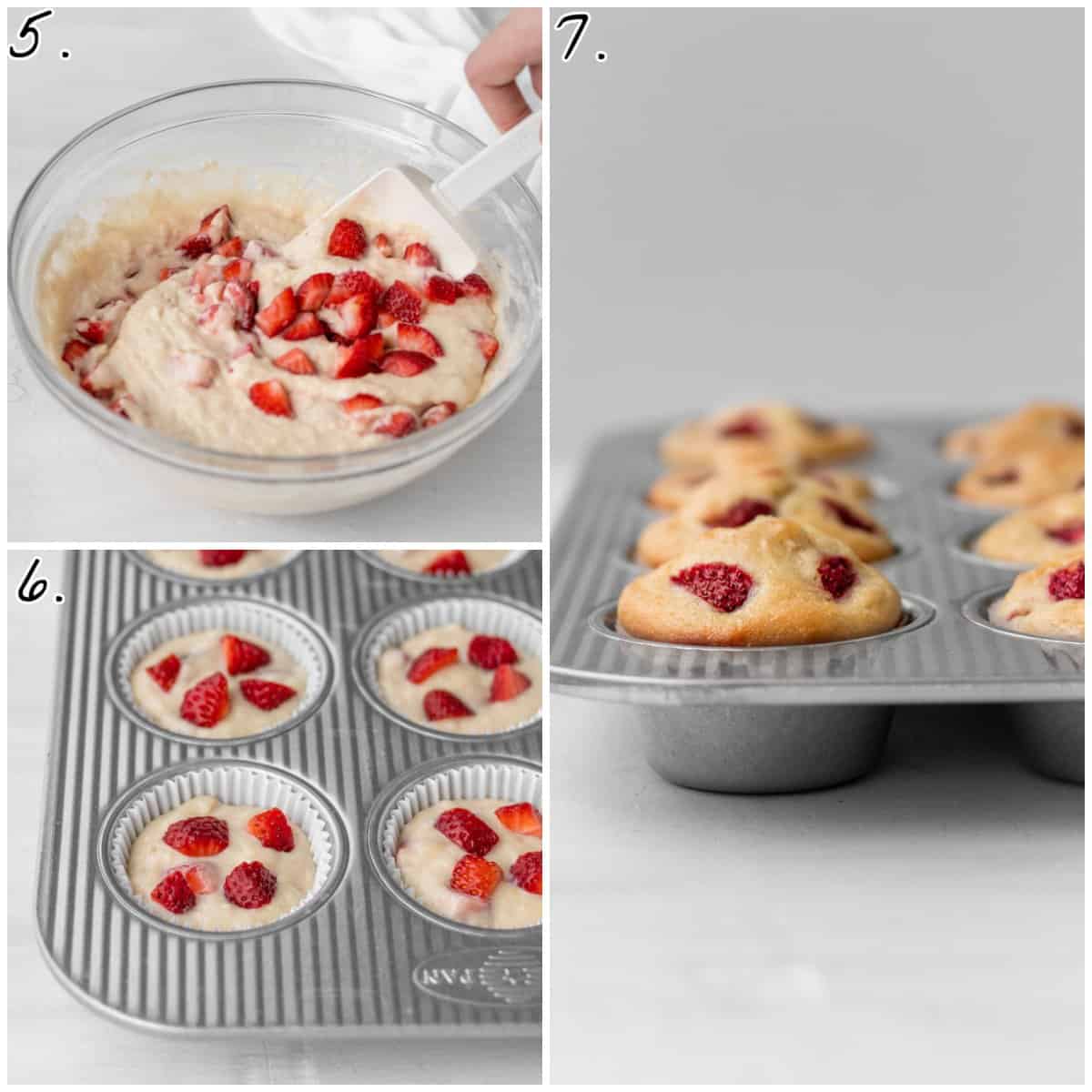 Three process photos showing wet batter in bowl, batter in muffin tins, and fully baked muffins in tin.