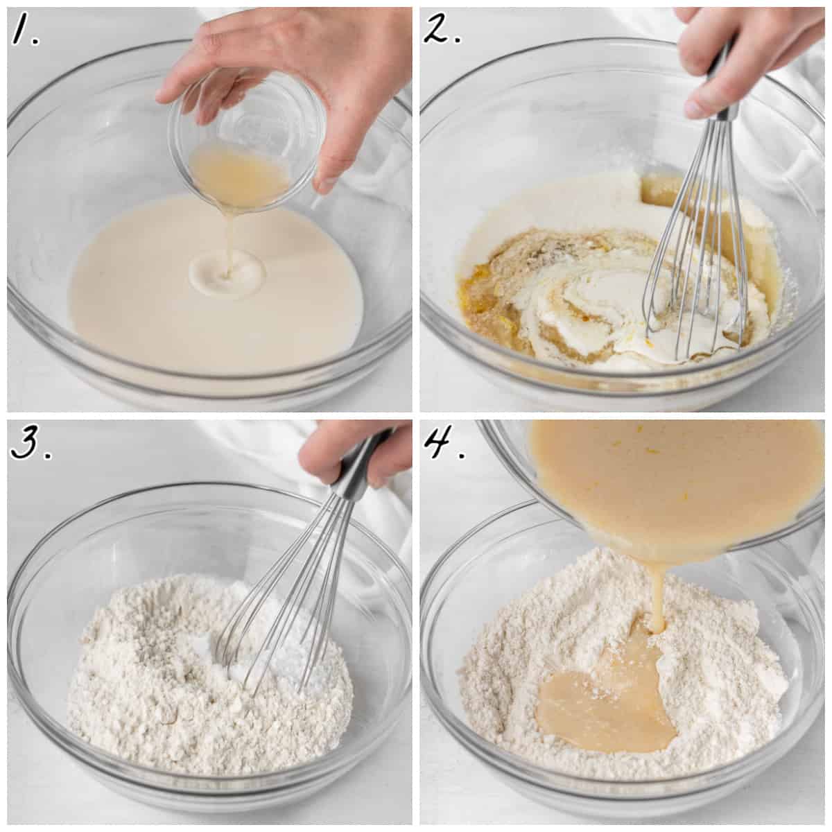 Four process photos showing how to make the muffin batter. 