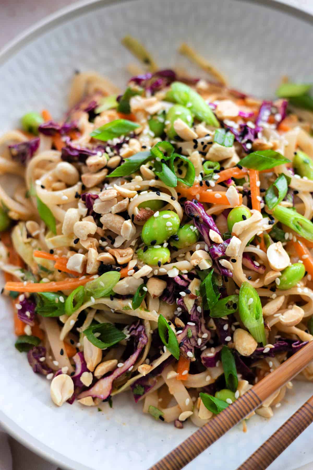 Closeup view of peanut noodle salad on a white plate. 