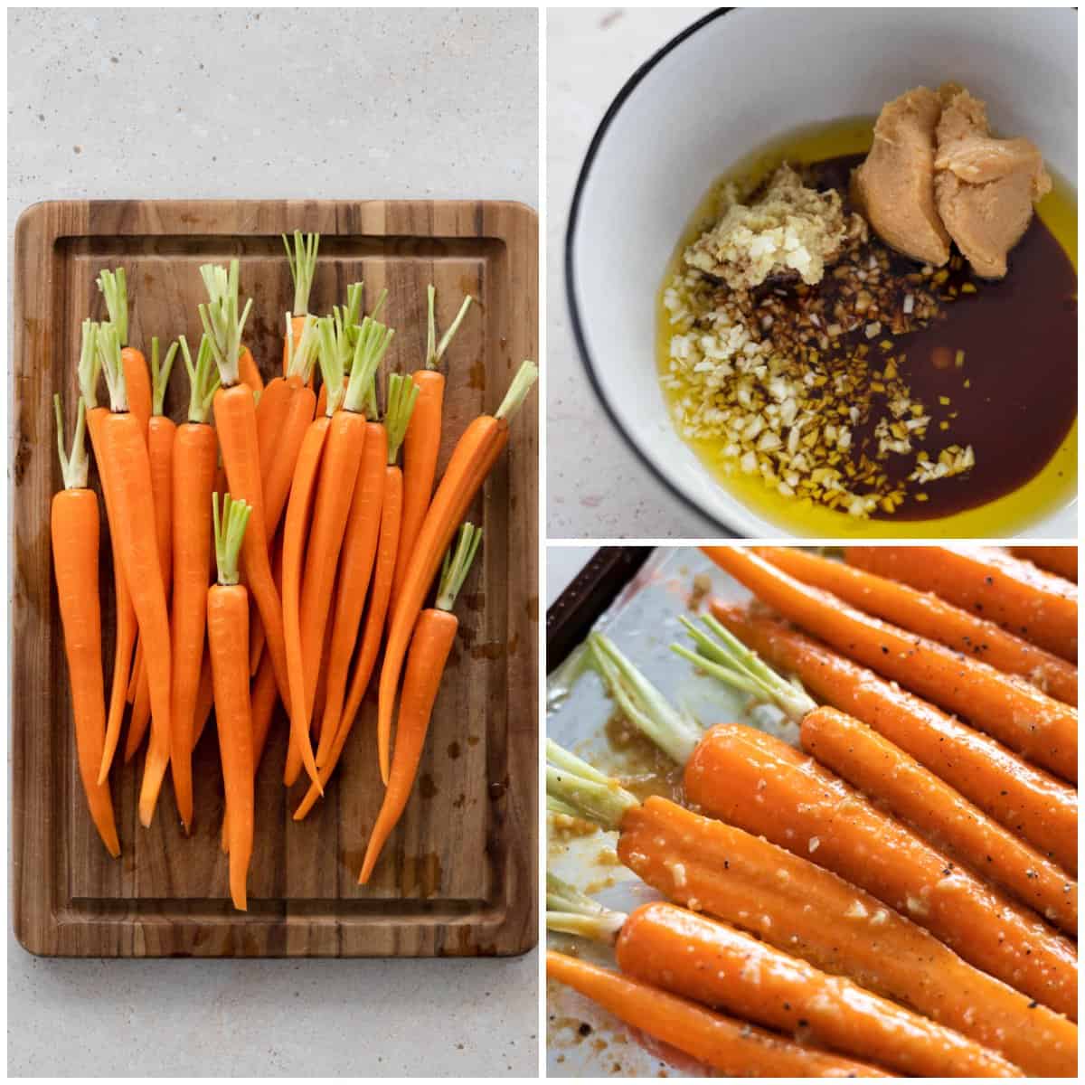 Three process photos showing cut carrots, making glaze and glazed carrots. 