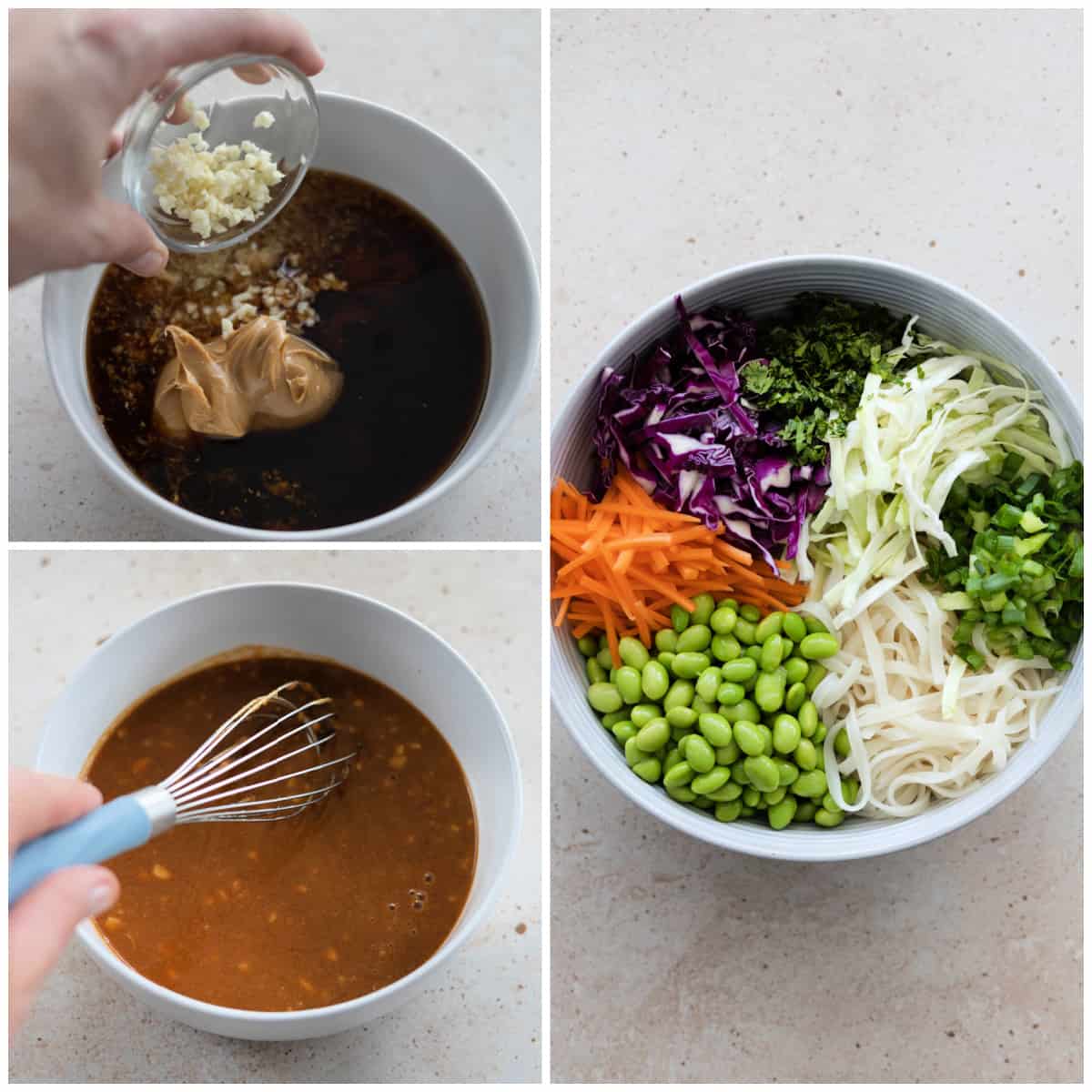 Two process photos showing how to make peanut dressing and one displaying the salad in a white bowl. 
