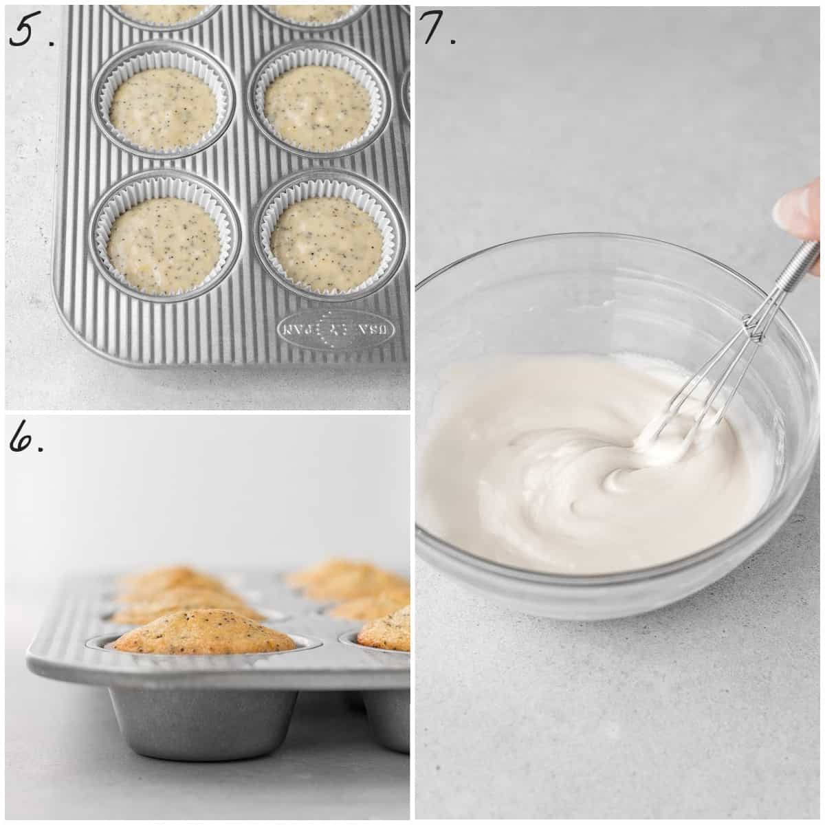 Three process photos showing wet batter in pan, fully baked muffins and making glaze. 