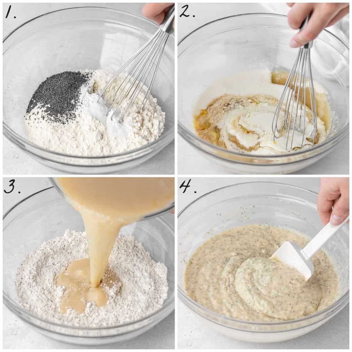 Four process photos showing how to make the batter. 