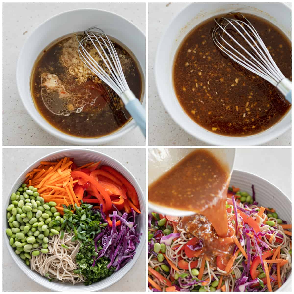 Four process photos showing how to make the dressing and then tossing it with the salad. 