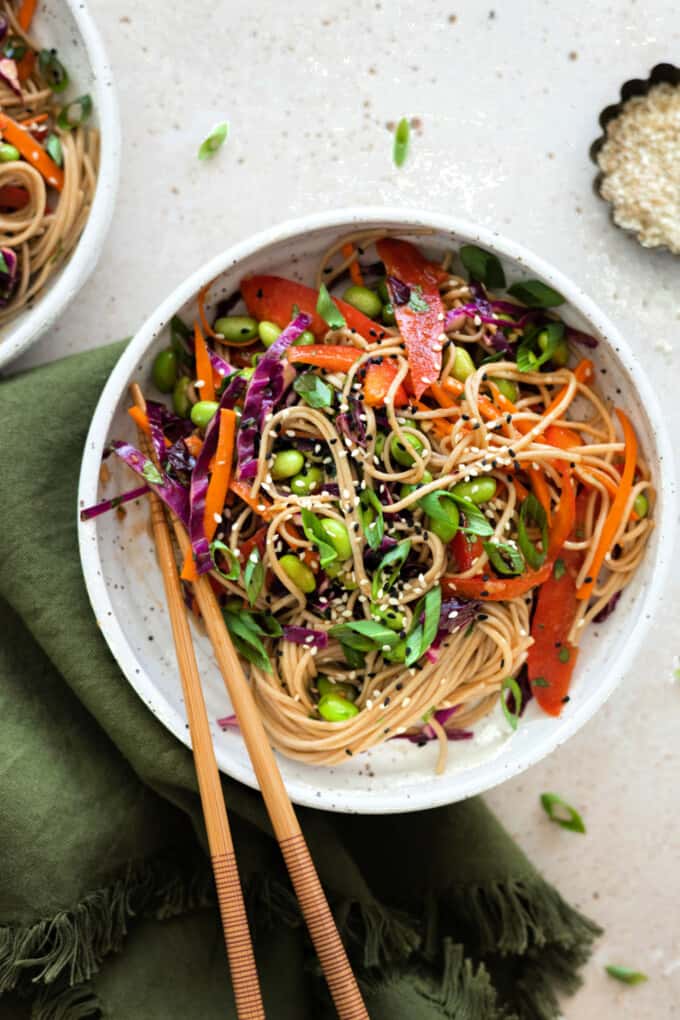 noodle salad in bowl for Pinterest.