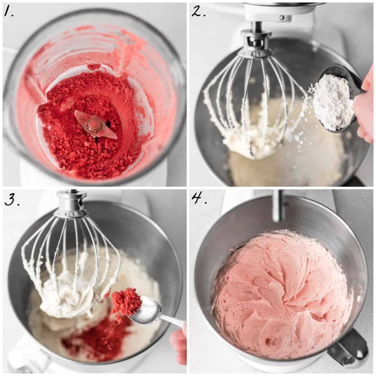 Four process photos showing how to make frosting in a stand mixer. 