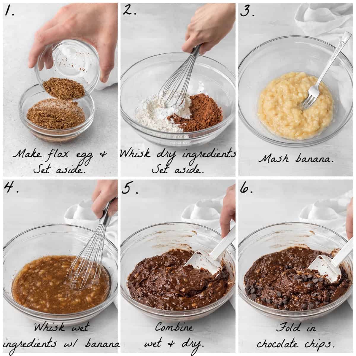 Six process photos showing how to make the batter in a mixing bowl. 