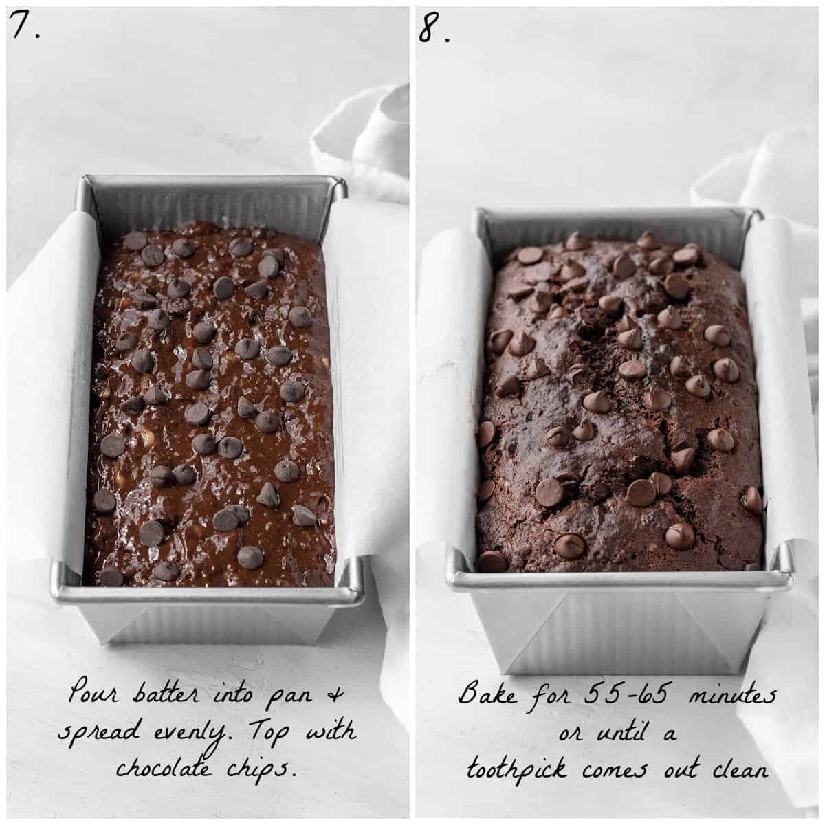 Two process photos showing wet batter in a loaf pan and fully baked banana bread in a loaf pan. 