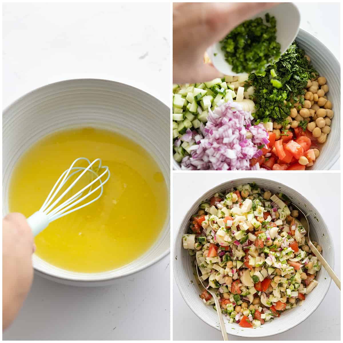 Three process photos showing how to make the marinade and tossing everything together in a bowl. 
