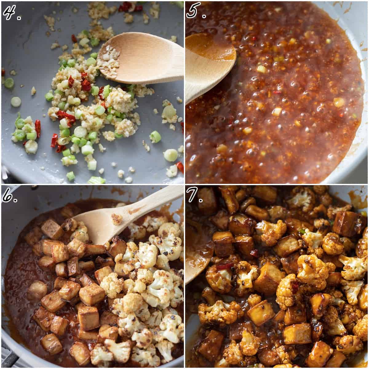 Four process photos showing how to cook the sauce and coat the cauliflower and tofu in a pan. 