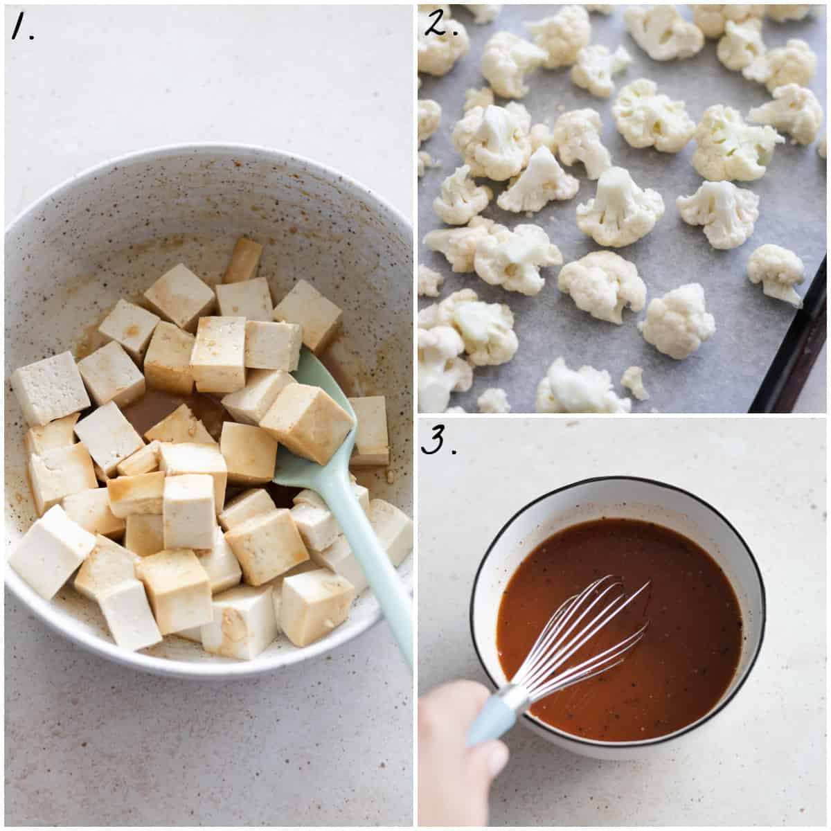 Three process photos showing how to prepare the tofu, cauliflower and sauce. 