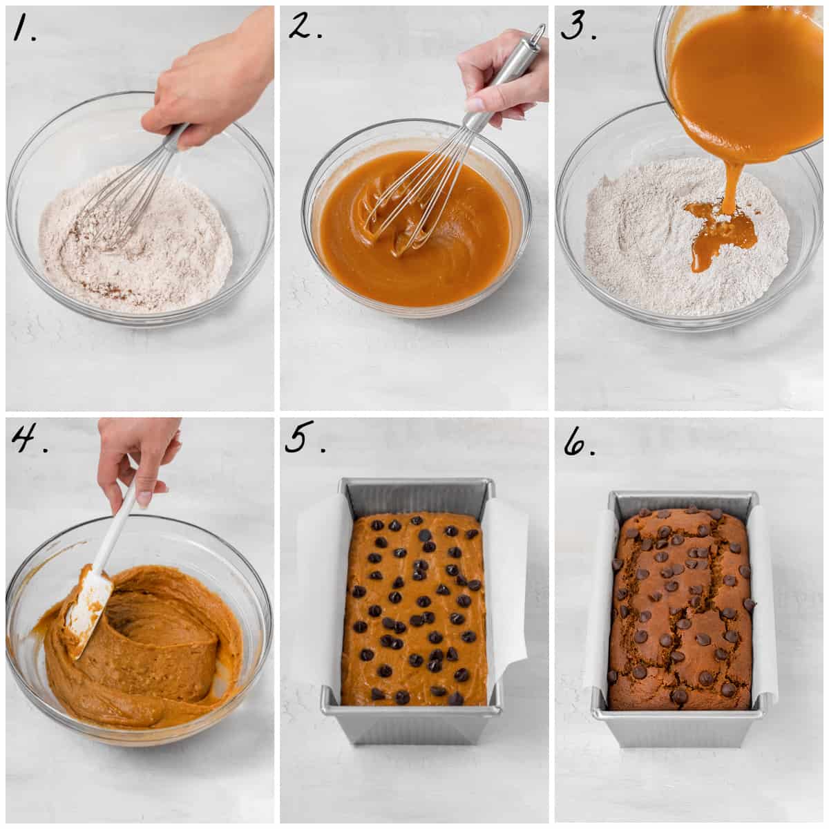 Six process photos showing how to combine the batter and bake it in the loaf pan. 
