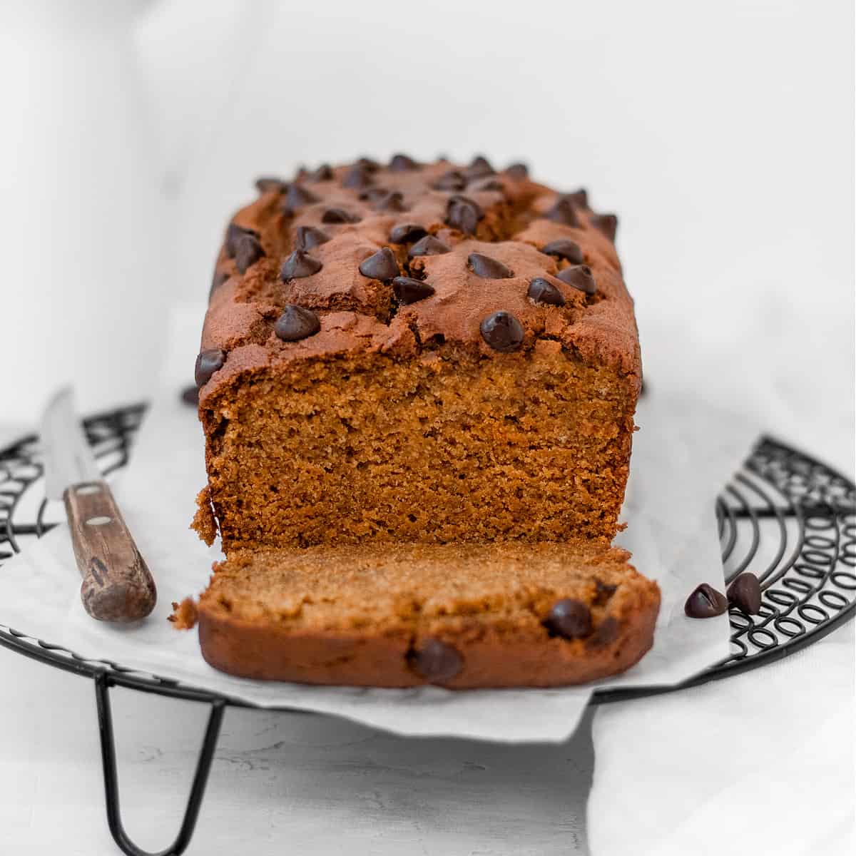 Sliced pumpkin bread on a cooling rack for roundup post of vegan thanksgiving recipes. 