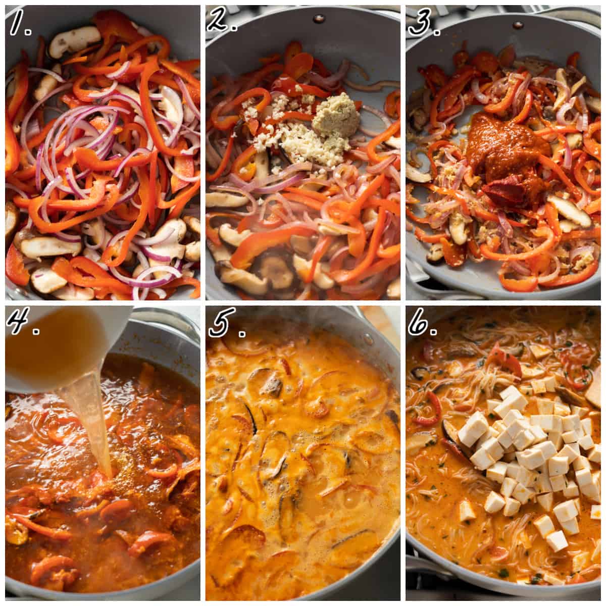 Six process photos showing how to make the soup in a pot. 