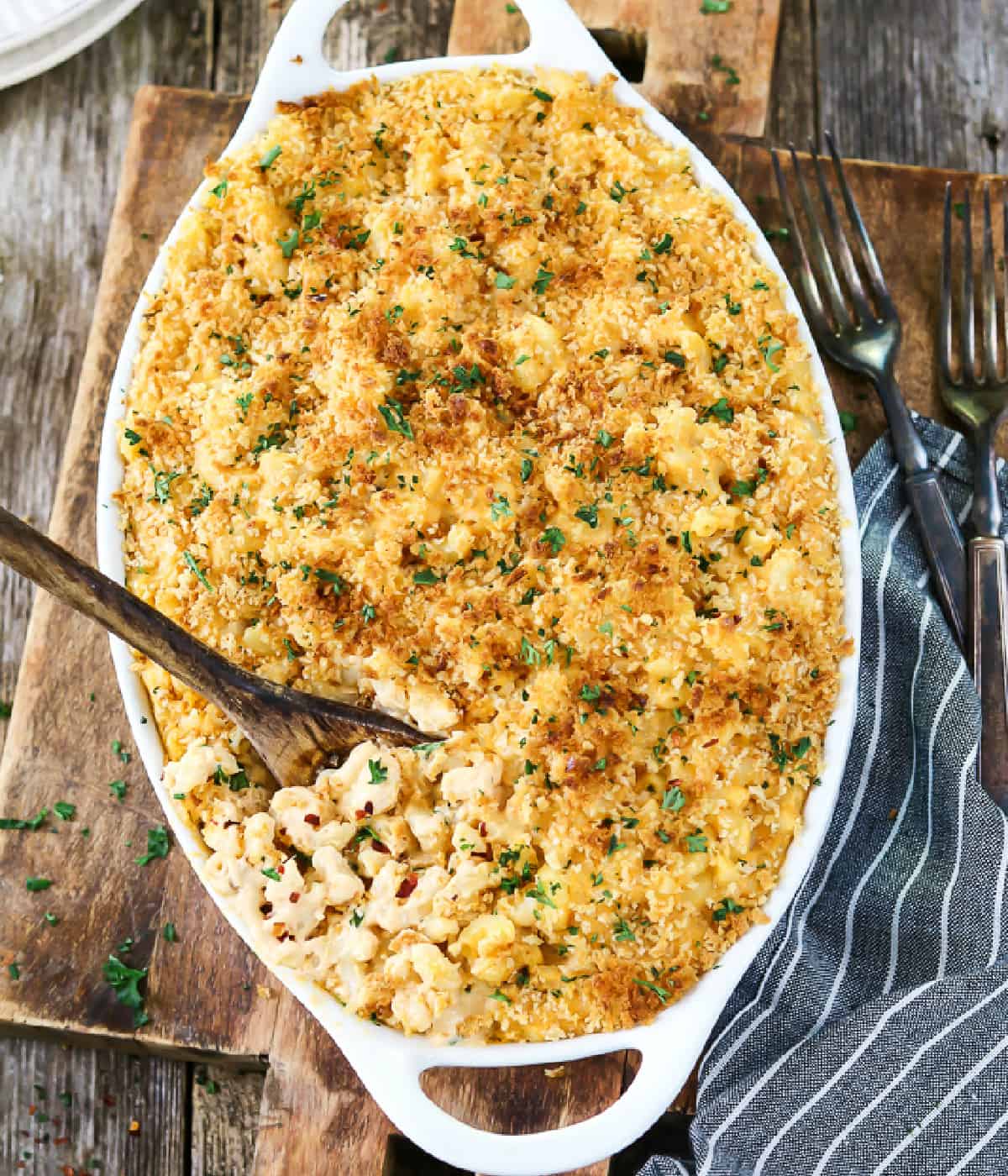 Overhead view of baked mac and cheese in a casserole dish. 
