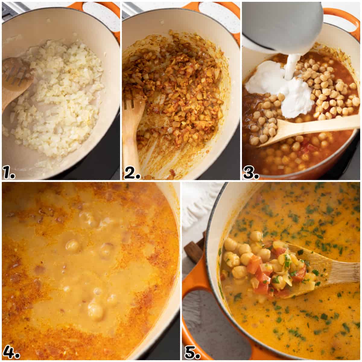 five process photos showing how to make soup in a pot. 