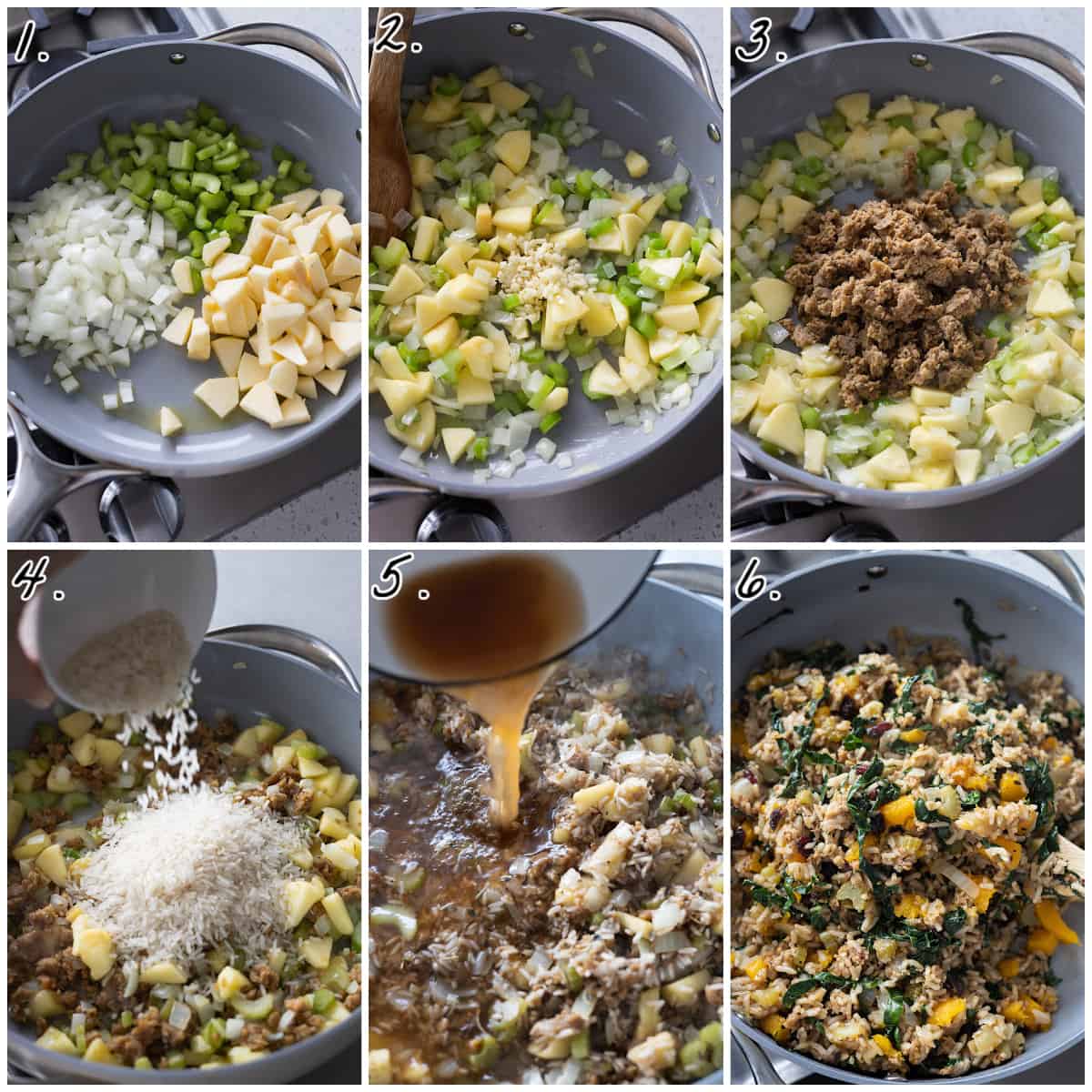 Six process photos showing hot to make the filling in a pan. 