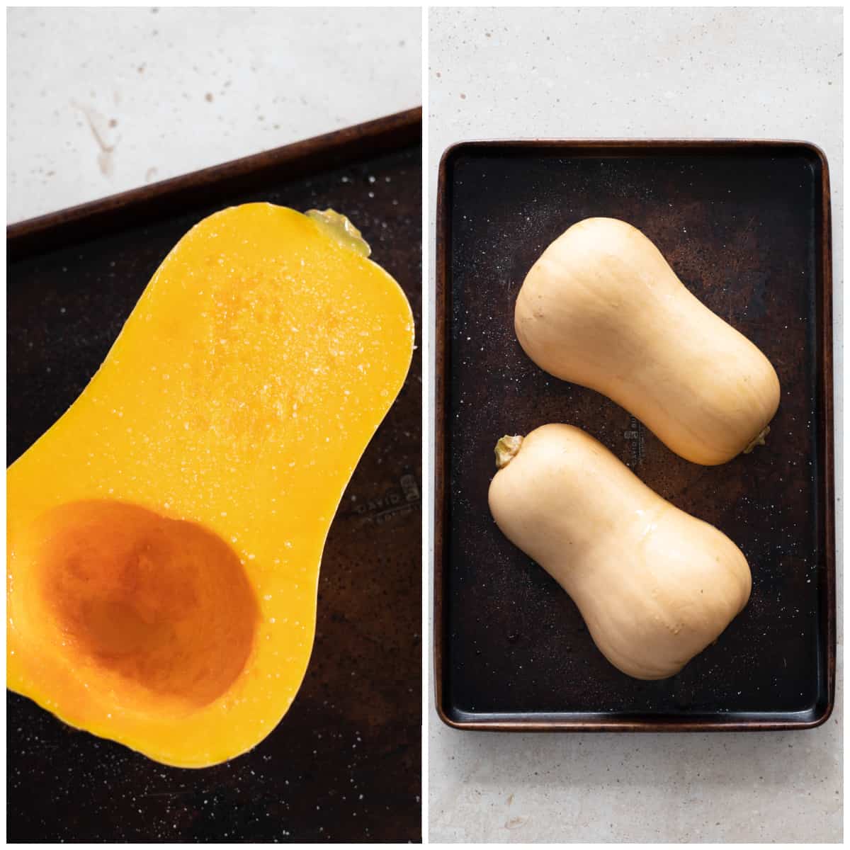 Two process photos displaying a squash cut in half and then placed on a baking sheet. 