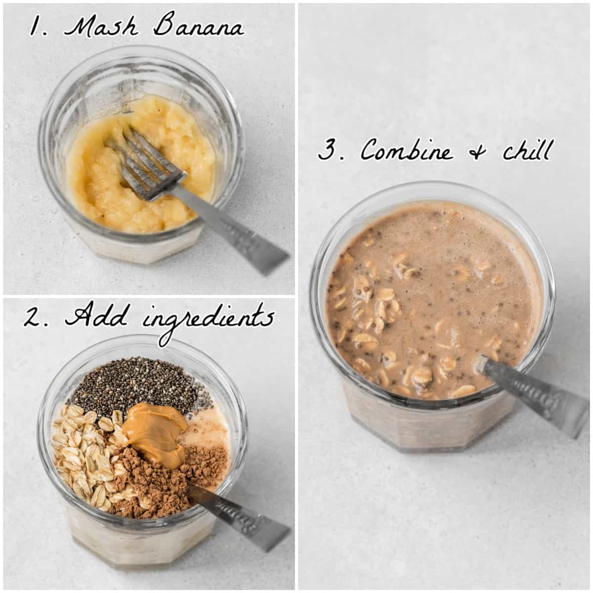 Three process photos displaying how to make overnight oats in a jar. 