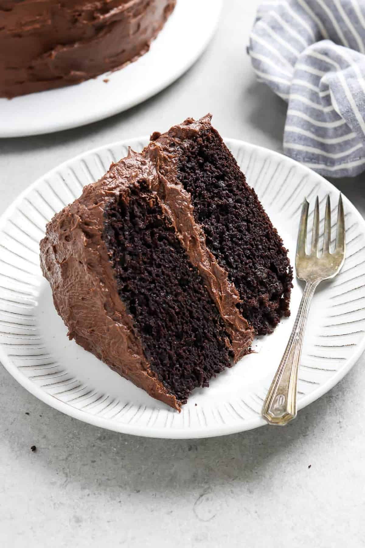 A slice of vegan chocolate cake on a white plate with a fork on the side. 