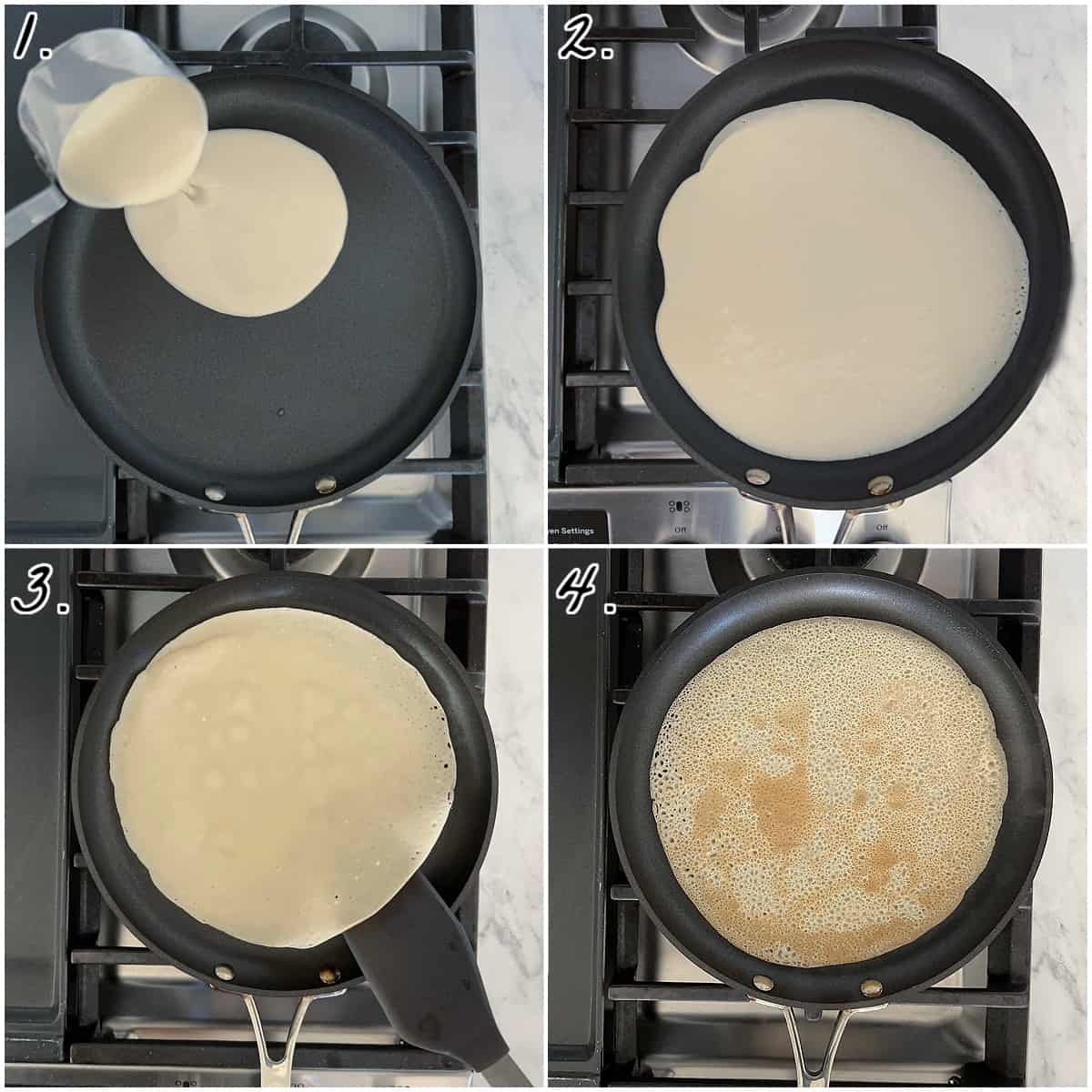 Four process photos displaying how to make crepes in a pan. 