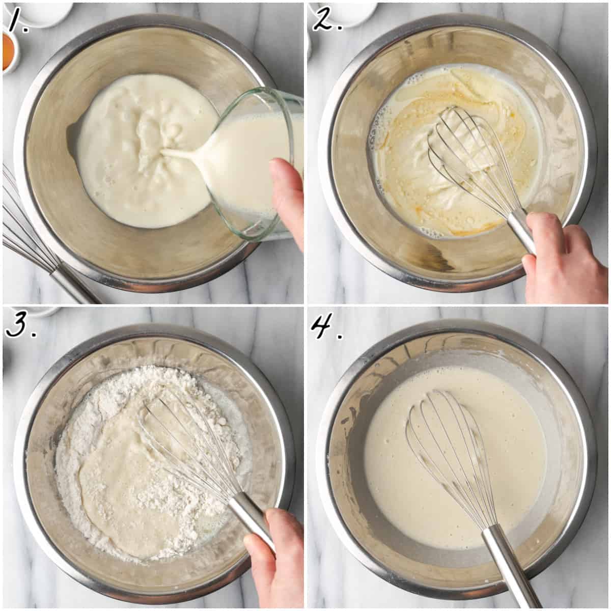 Four process photos showing how to combine batter in a mixing bowl. 