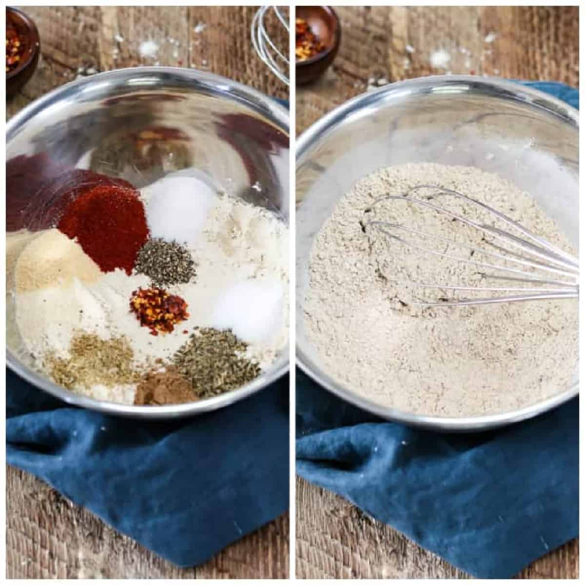 Two process photos of dry ingredients showing one unmixed and one whisked together. 