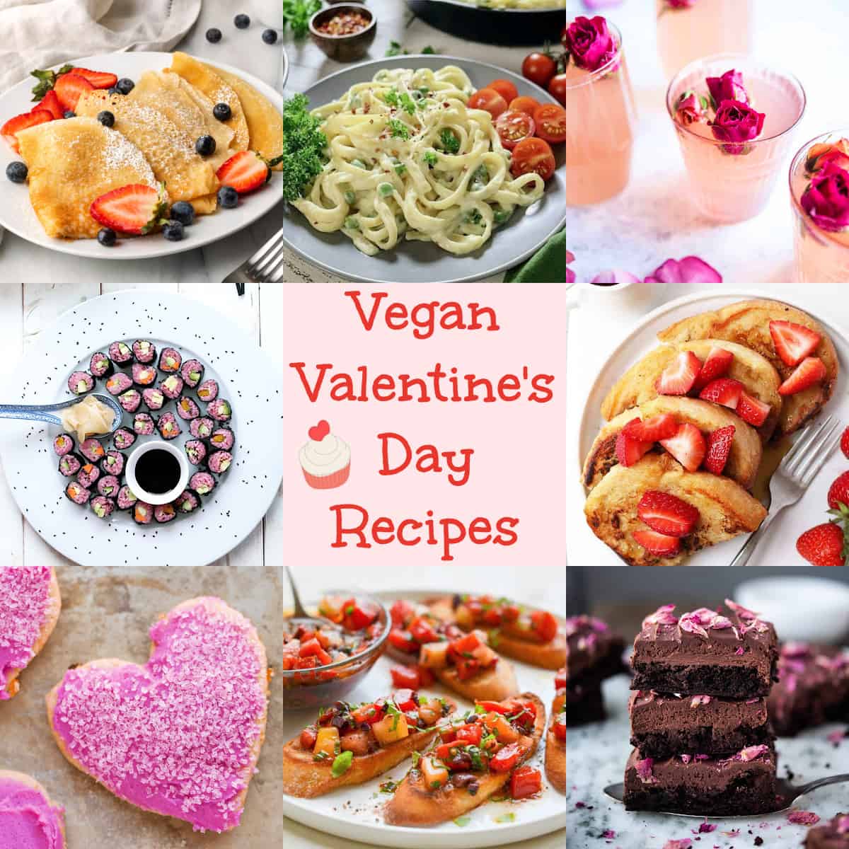 Photo collage of vegan valentine's day recipes. 