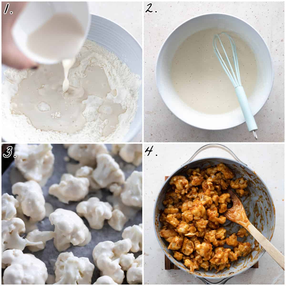 Four process photos showing how to make the batter and coat the florets in batter and sticky sauce. 