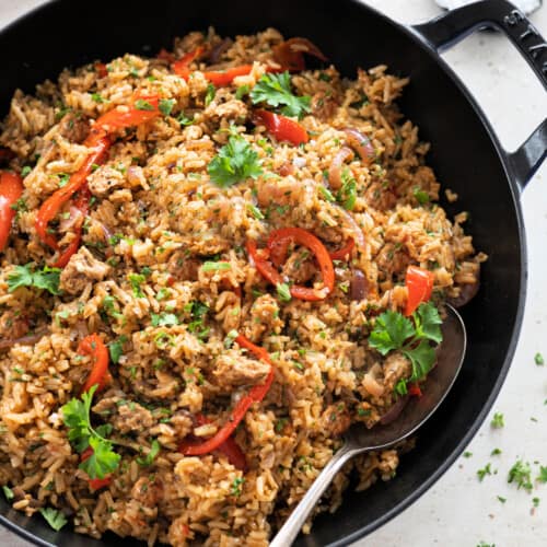 Vegan Spicy Sausage Rice Skillet - Vegan Huggs