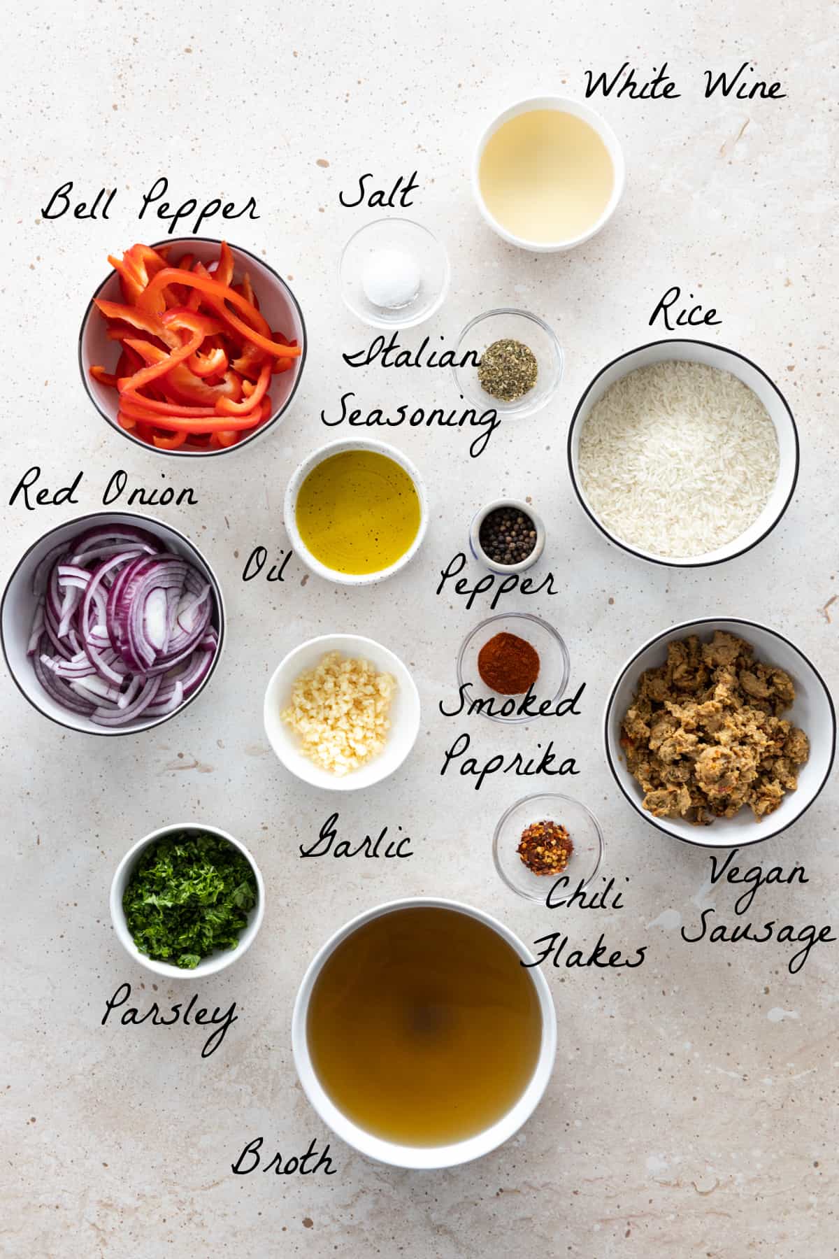 ingredients to make one-pan rice on a table top. 