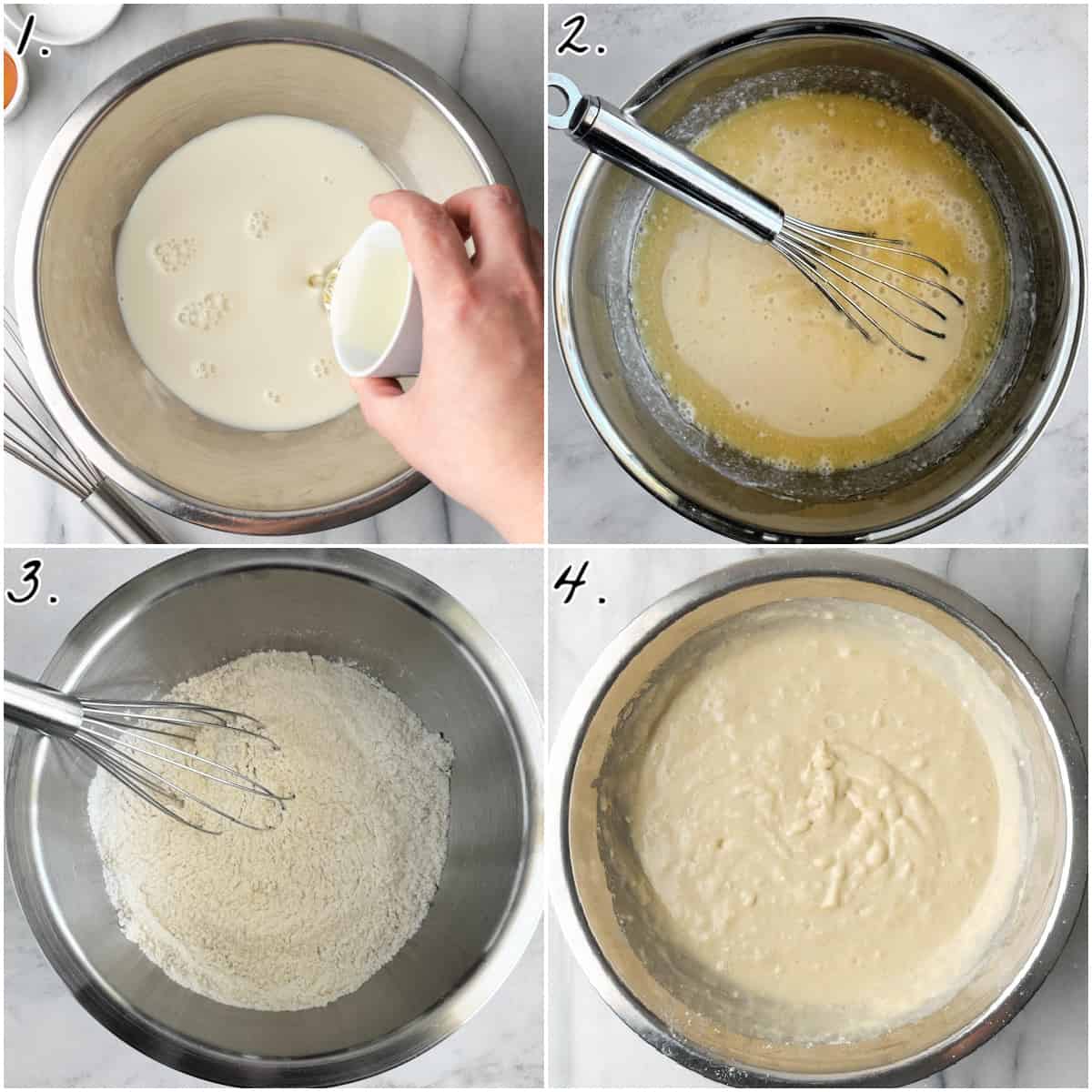 Four process photos sowing how to make batter in a mixing bowl.