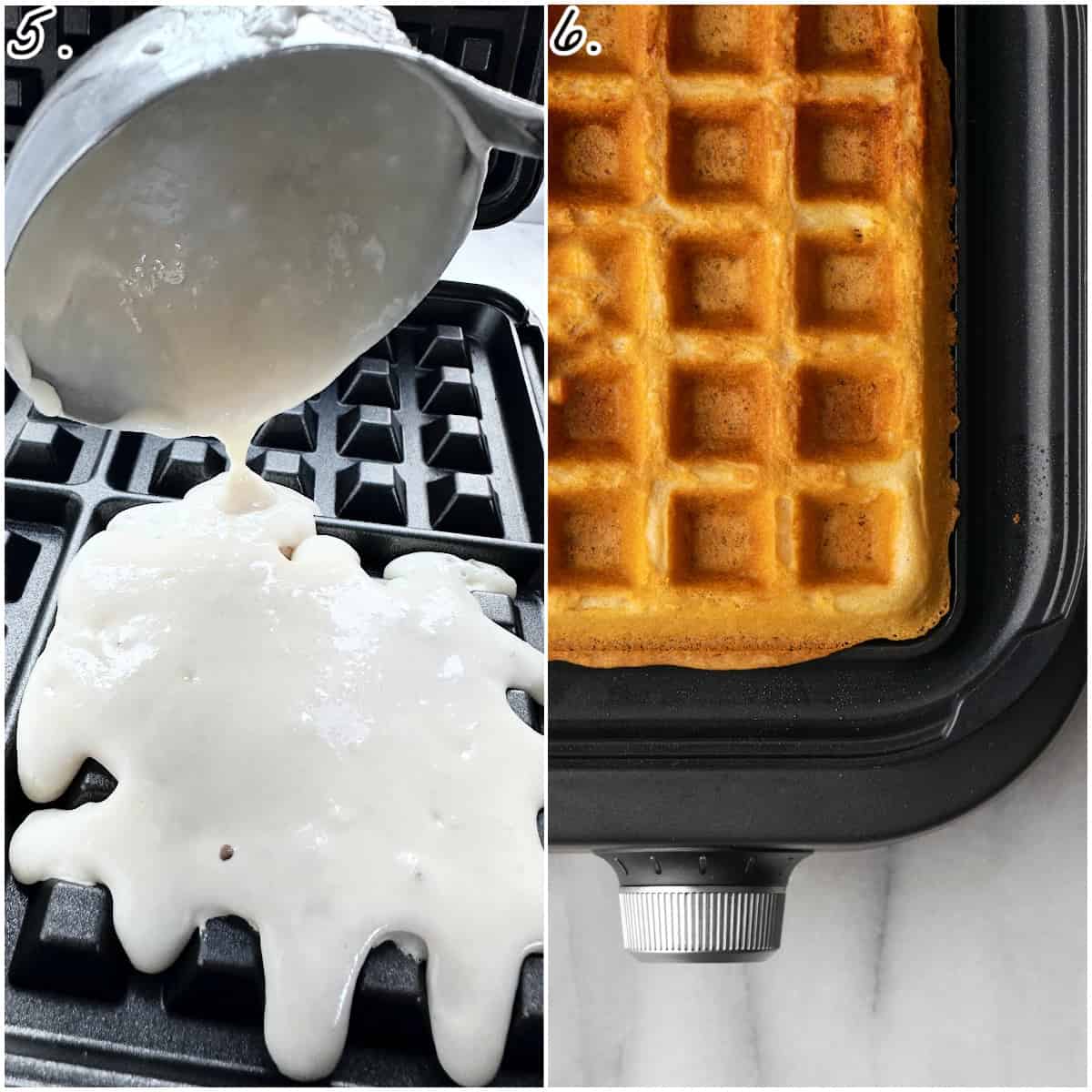 two process photos showing uncooked batter in a waffle iron and one fully cooked waffle.