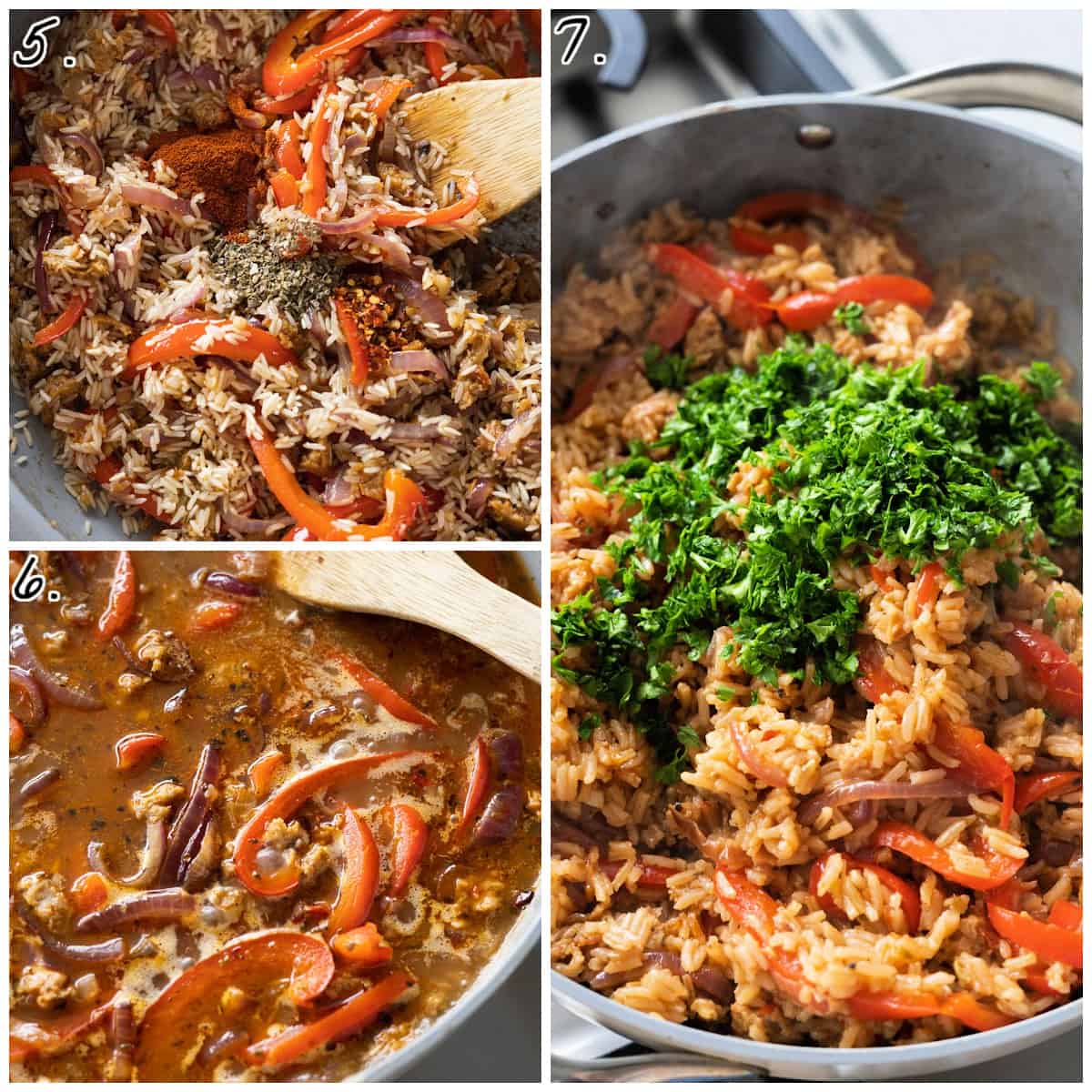 Three process photos displaying the seasonings and broth being added, then showing the fully cooked dish in a pan. 
