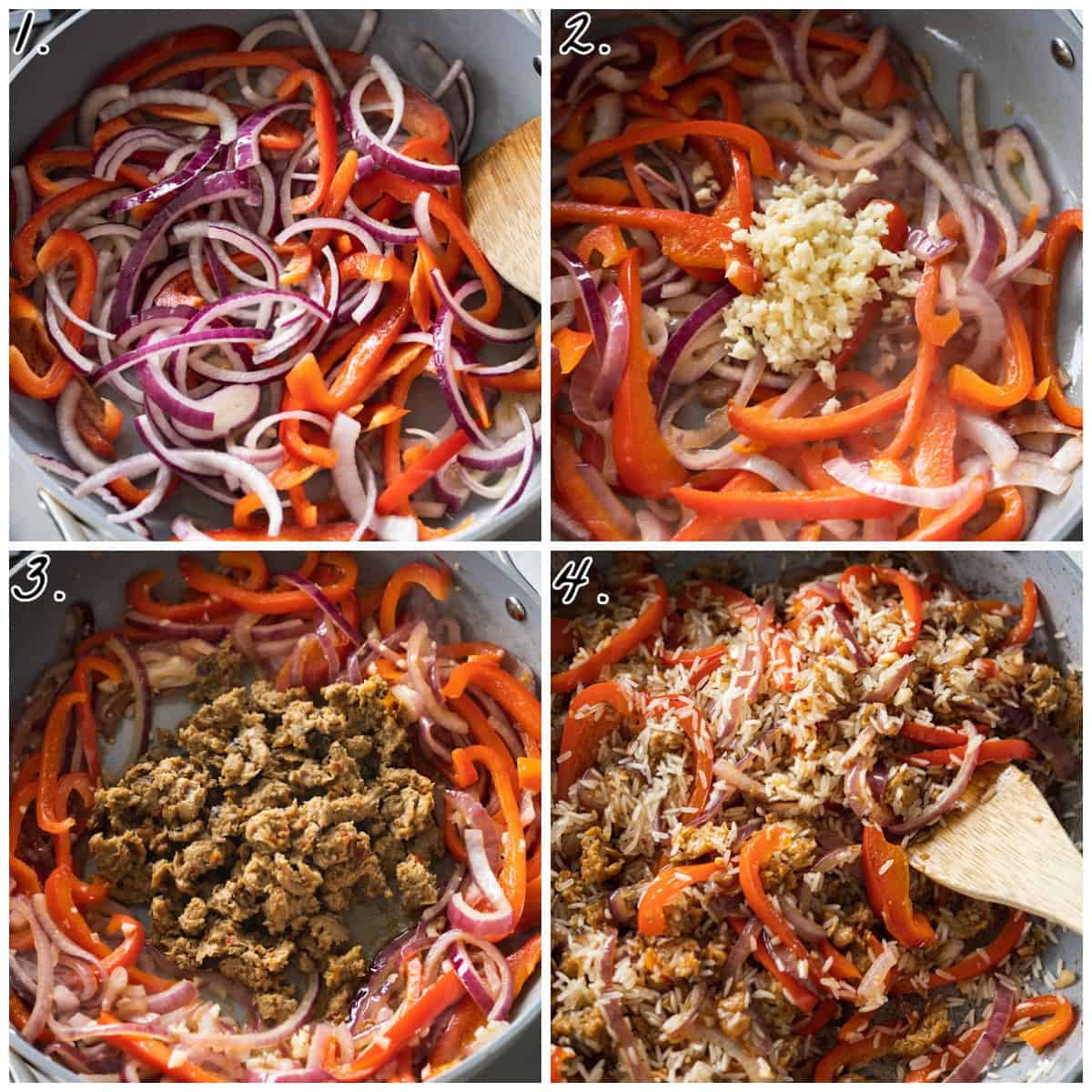 four process photos displaying how to cook the onions, peppers, garlic, sausage and rice in a pan. 