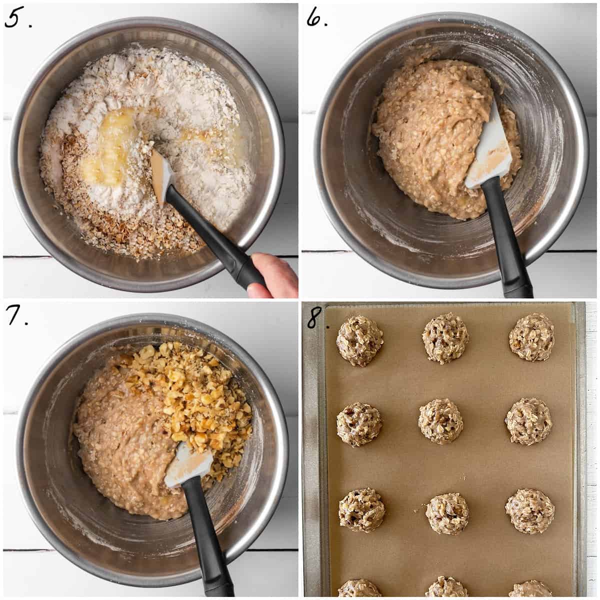 Four process photos showing how to combine the wet and dry ingredients, folding in the walnuts and scooping dough on baking tray. 
