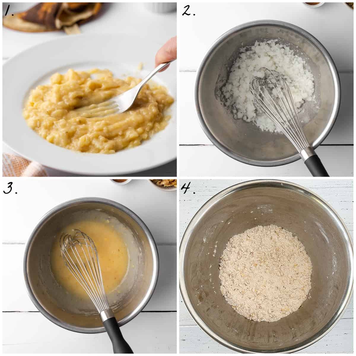 Four process photos displaying how to mash banana, combine sugar and oil, whisking wet ingredients together and whisking dry ingredients in a bowl. 