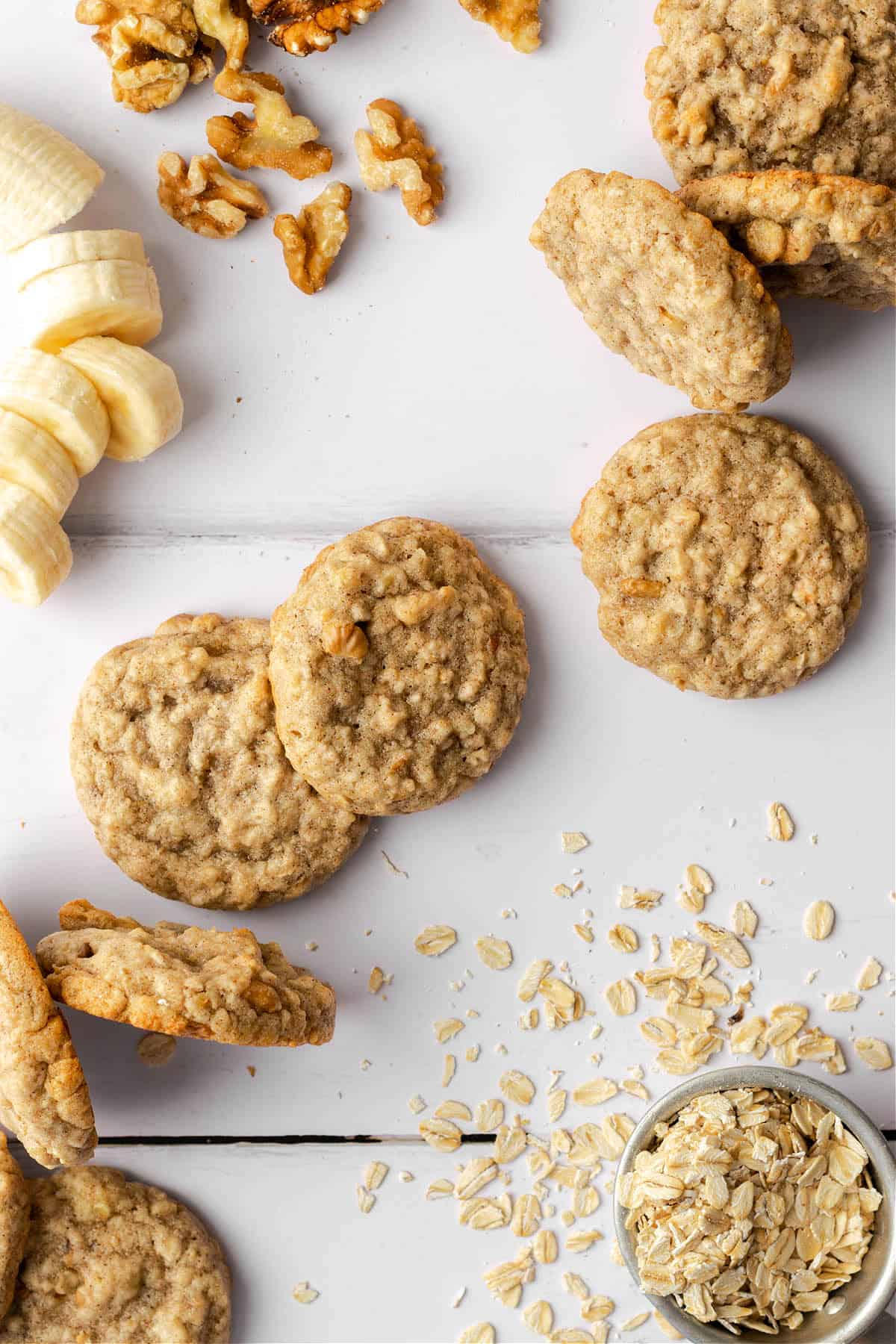 Overhead view of vegan banana oatmeal cookies lined up together. 