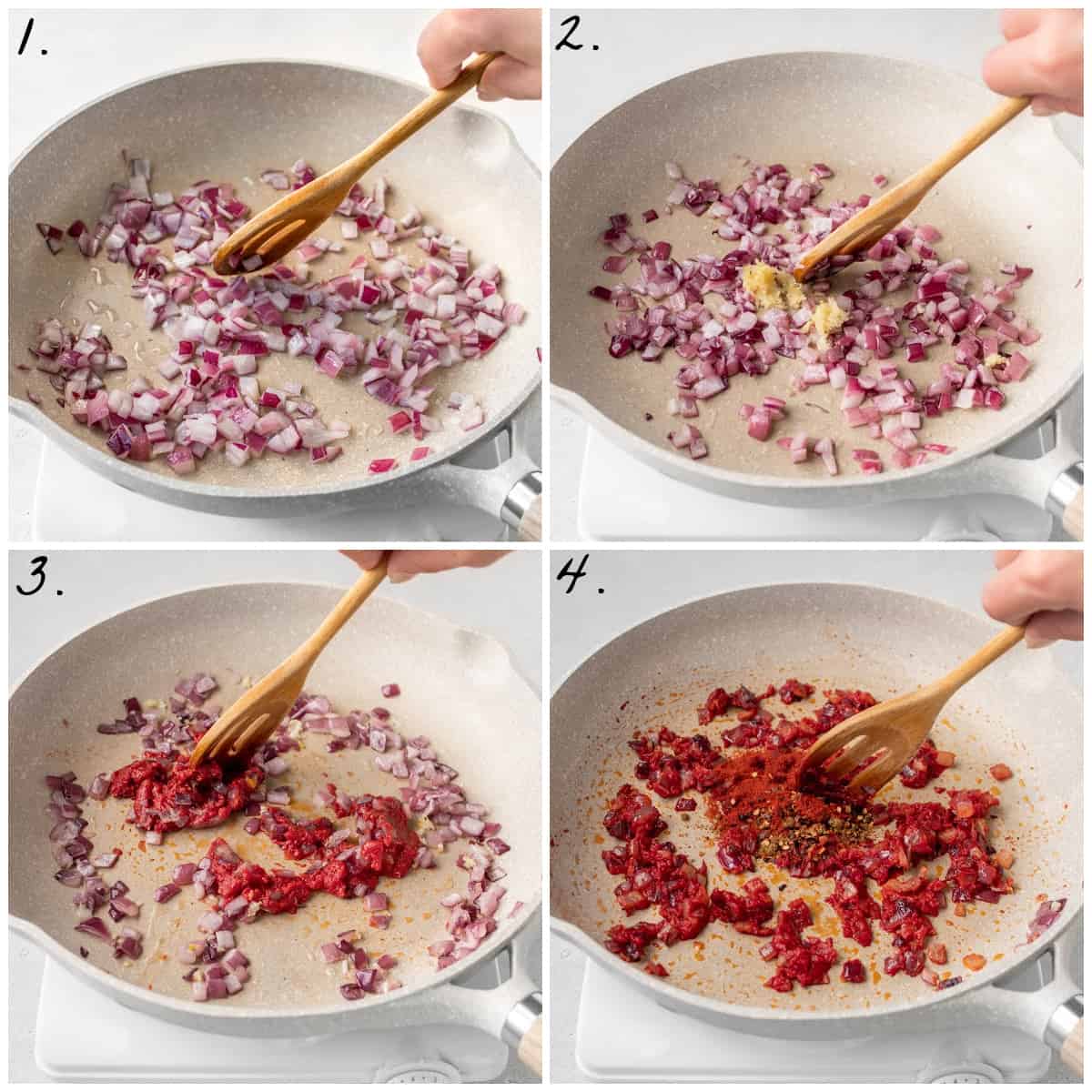 a four photo collage showing how to sauté onions, garlic, tomato paste and spices in a pan. 