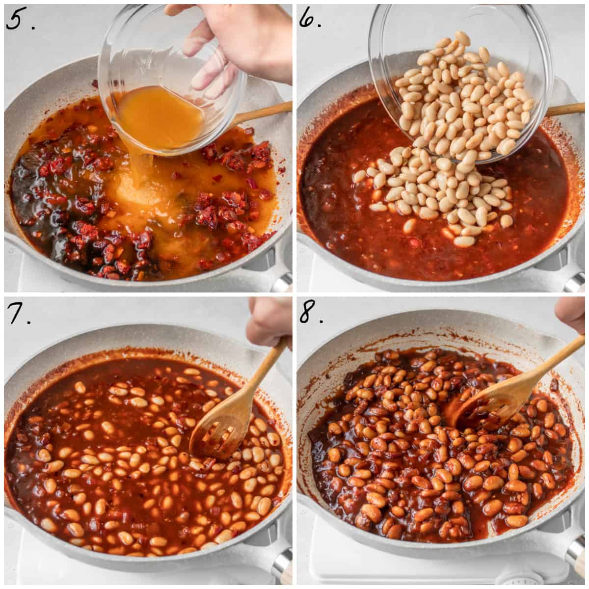 Four photos showing how to add the broth and beans then simmer the sauce until thickened. 