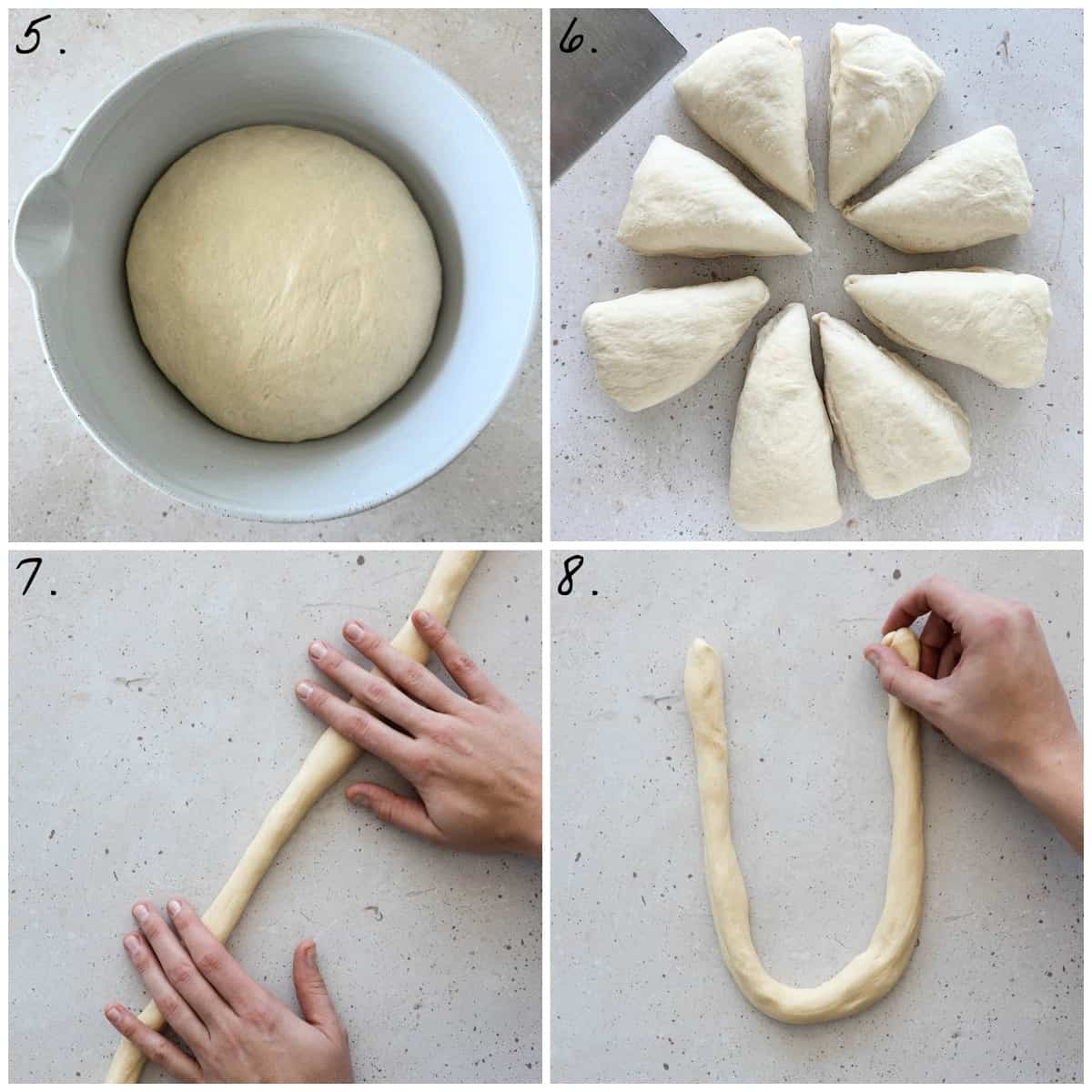 Four process photos showing how to divide the dough and start shaping it in to pretzels. 