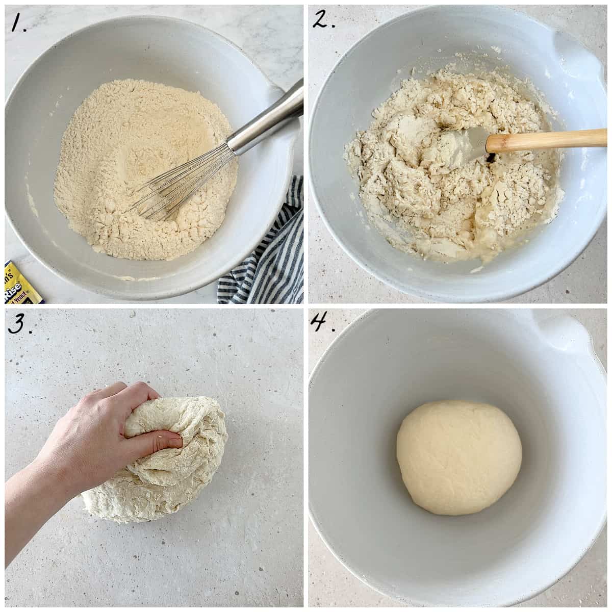 four process photos showing how to start the pretzel dough from scratch. 