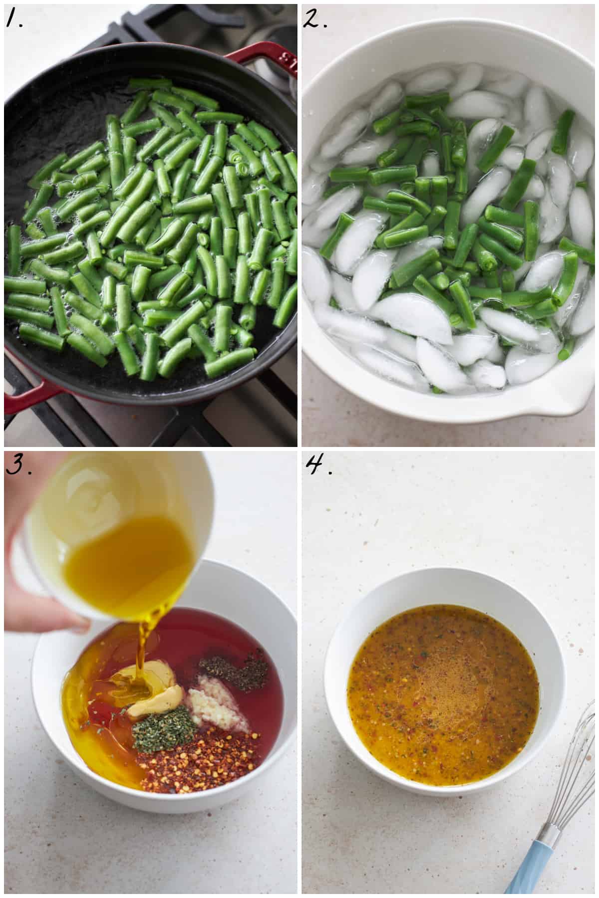 Four process photos showing green beans boiling then put into ice and how to whisk the dressing. 