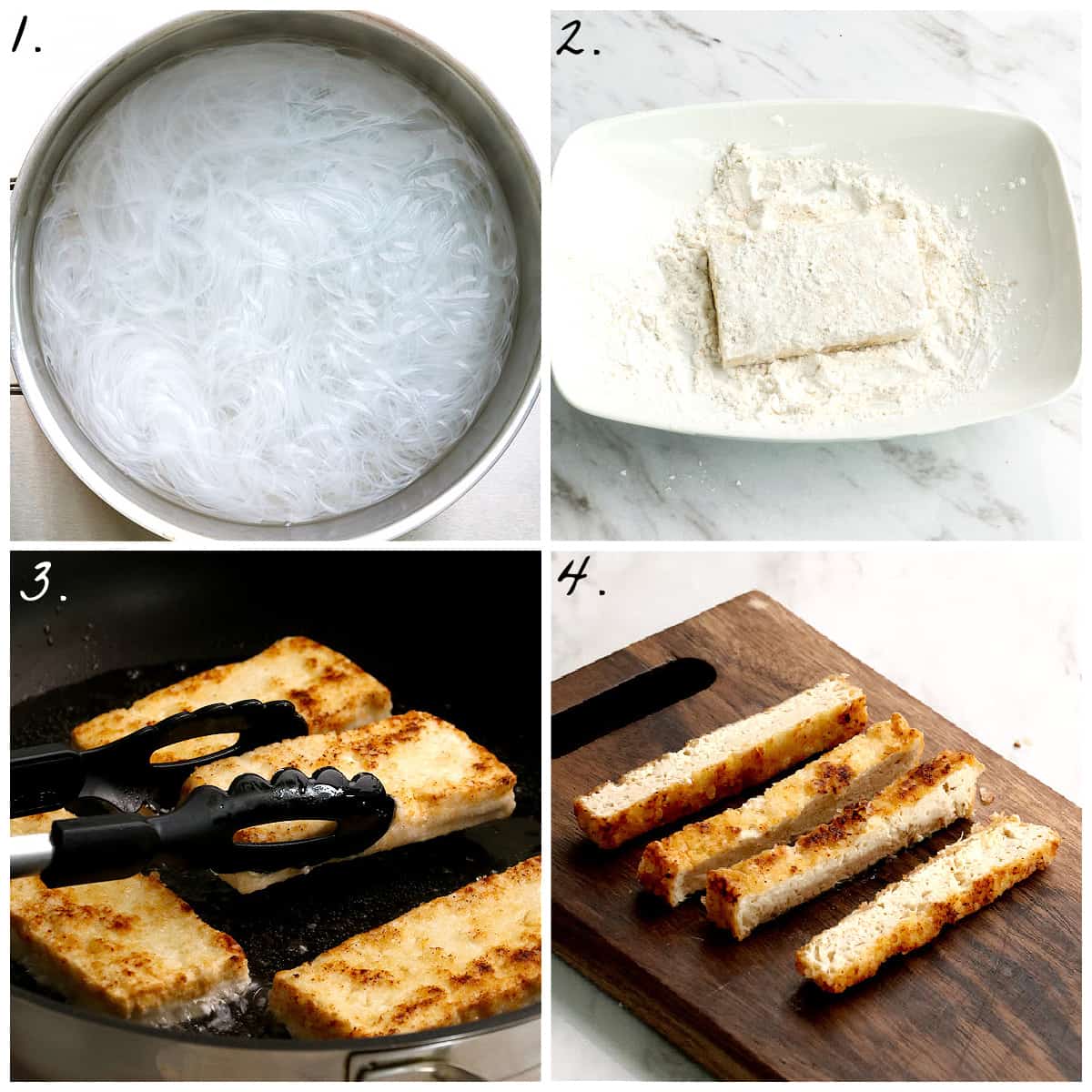 Four process photos showing how to cook noodles, and how to batter, fry and cut tofu. 