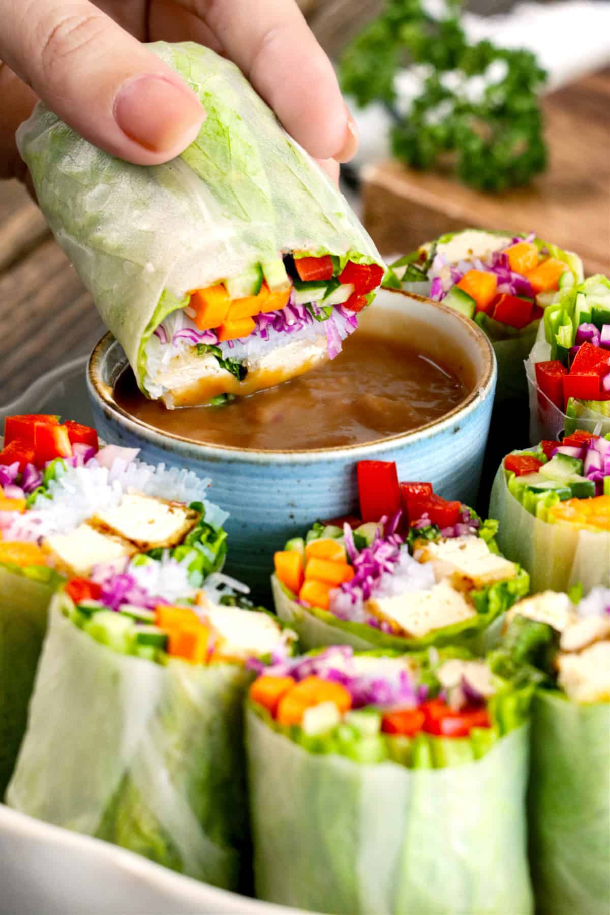 dipping a fresh spring roll into peanut sauce. 