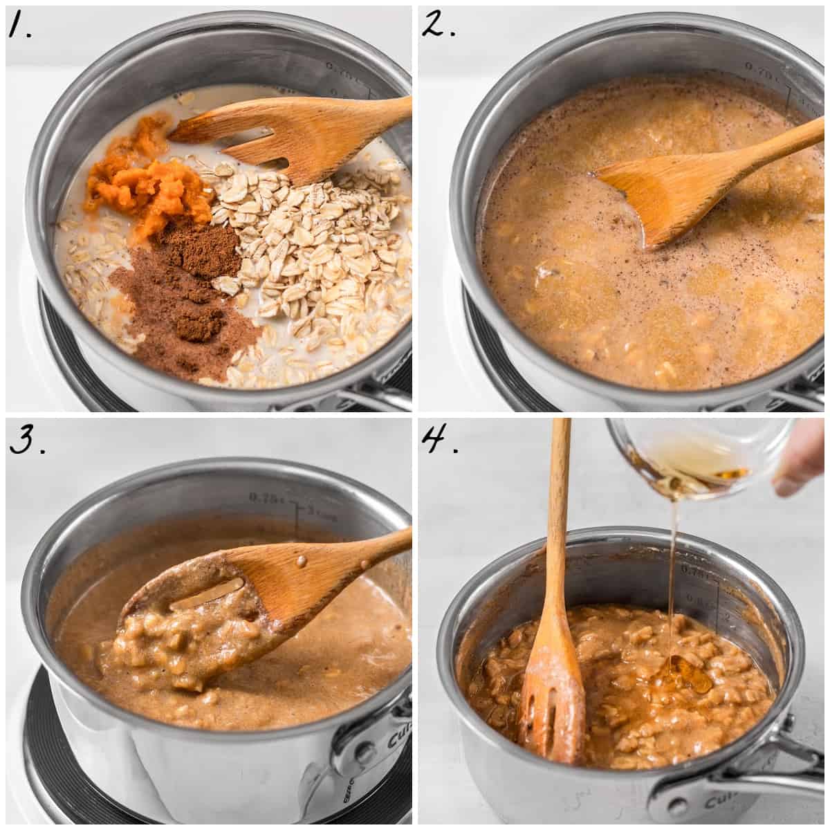 Four process photos showing how to make the oats in a pot. 