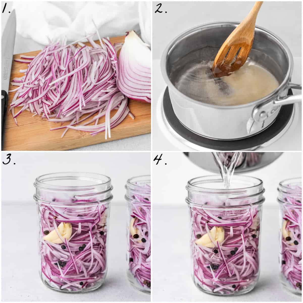 Four process photos showing how to slice onions, make pickling liquid, filling the jars, and pouring the liquid on top. 