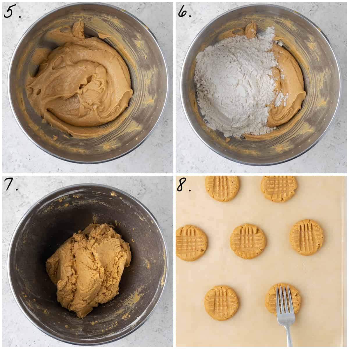 Four process photos showing how to make the dough and flattening the cookies with a fork. 